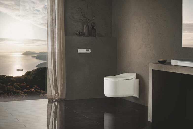 Wer mit Wasser reinigt, braucht weniger Toilettenpapier. Dank dem Dusch-WC «Sensia Arena» kann der Papierverbrauch auf komfortable Weise reduziert werden. Grohe Switzerland SA.
