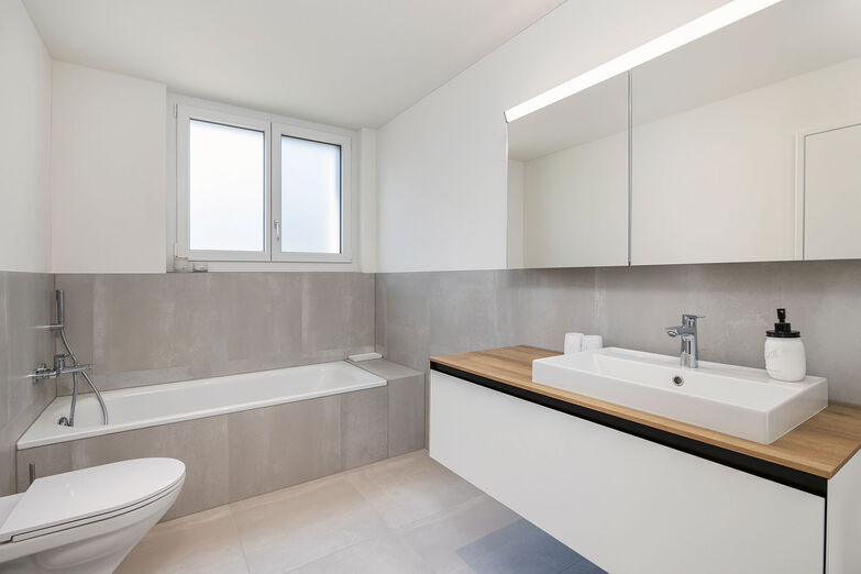Der moderne Innenausbau zeigt sich auch im Badezimmer.