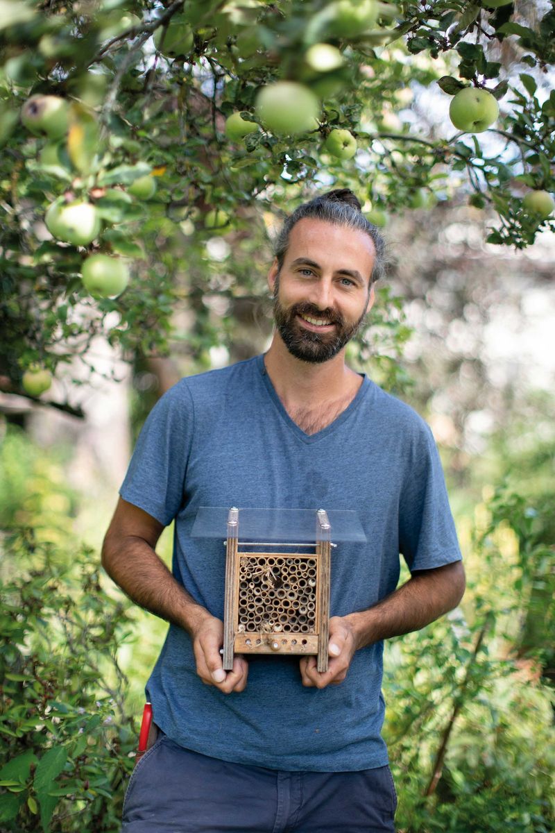 Yannick Schauwecker in seinem Garten, mitten in einem Wildbienen-Paradies.