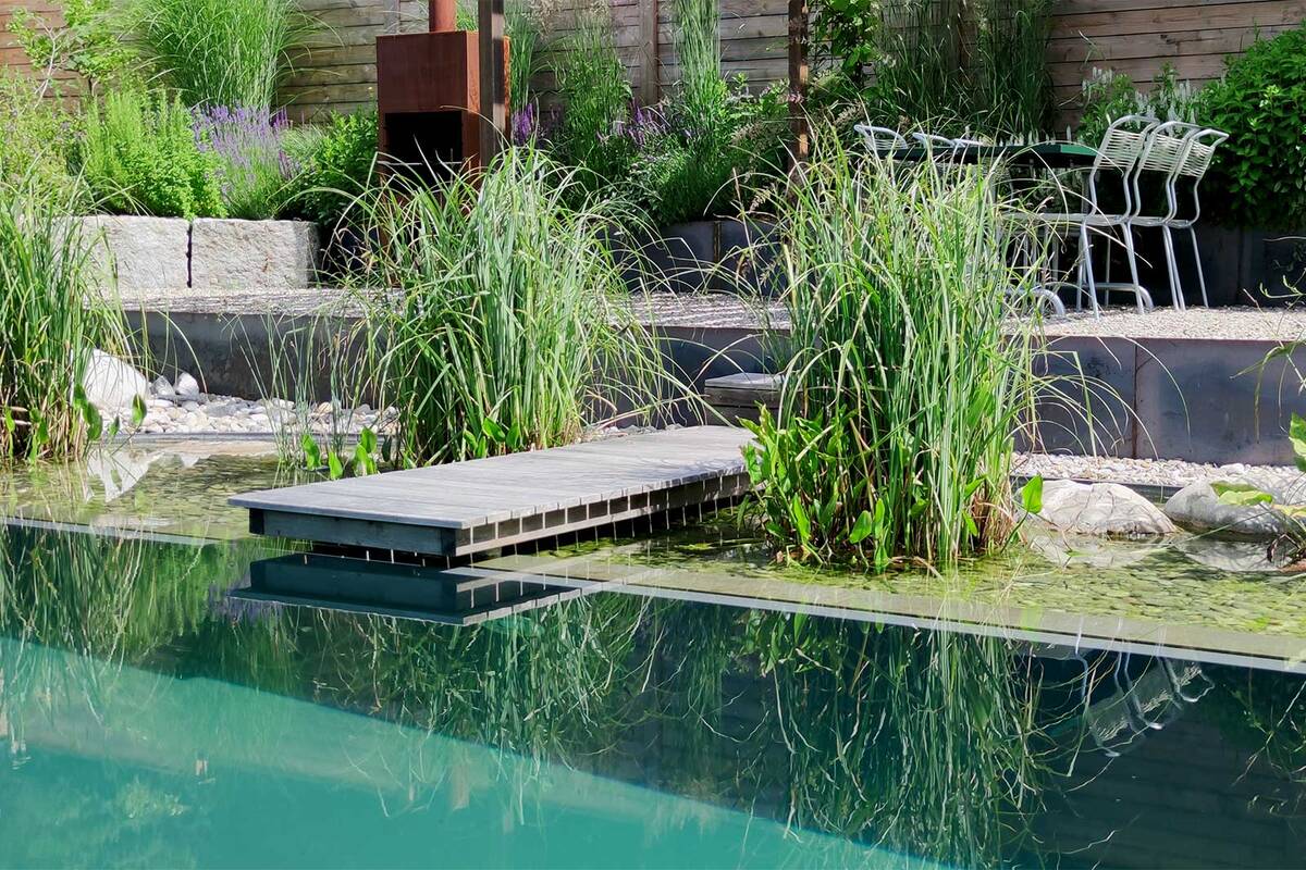 Dieser Naturpool funktioniert ganz ohne chemische Zusätze. Die natürliche Kiesfilterzone, gestaltet mit Findlingen und bepflanzt mit Wassergräsern und weissen Seerosen, ist für die biologische Wasserreinigung zuständig. Die verschiedenen Gartenebenen mit Sitzplätzen, Holzterrassen und Stegen machen diese Gartenanlage vielfältig erlebbar. Lehnert.